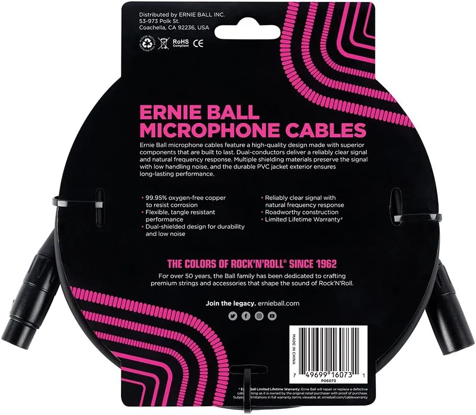 Ernie Ball XLR Microphone Cable, 25ft, Black (P06073)