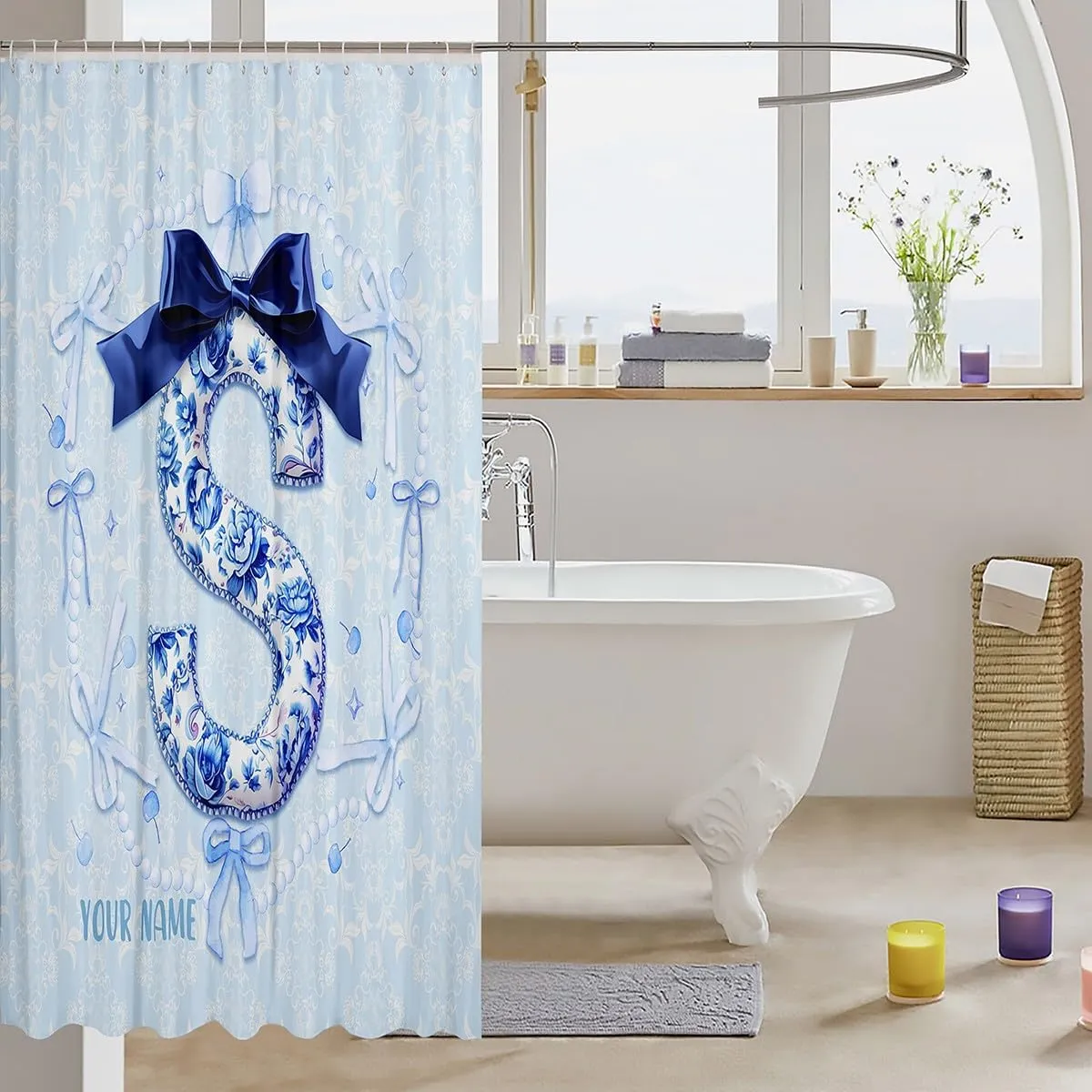 Erosebridal Custom Name Cute Blue Bow Shower Curtain 72" Wx72 L Preppy Coquette Bows Bath Curtain for Girls Teens Girly Floral Bathroom Accessories Princess Monogram Initial S Birthday Gifts Decor(S)