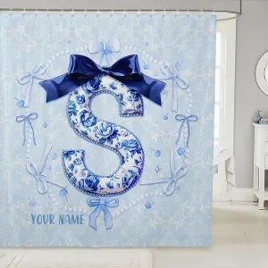 Erosebridal Custom Name Cute Blue Bow Shower Curtain 72" Wx72 L Preppy Coquette Bows Bath Curtain for Girls Teens Girly Floral Bathroom Accessories Princess Monogram Initial S Birthday Gifts Decor(S)