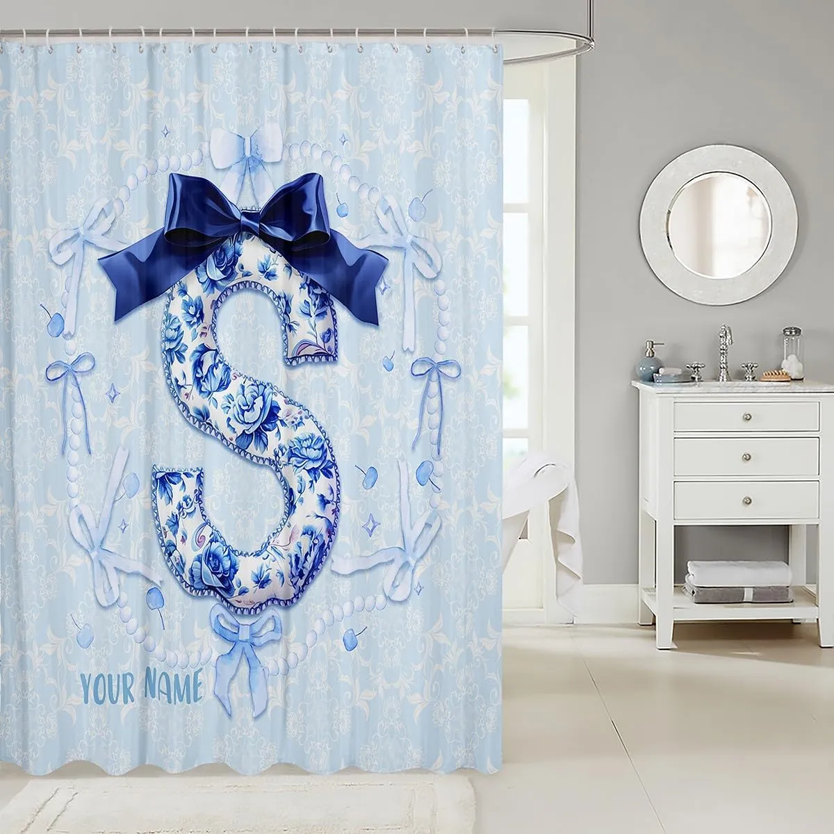 Erosebridal Custom Name Cute Blue Bow Shower Curtain 72" Wx72 L Preppy Coquette Bows Bath Curtain for Girls Teens Girly Floral Bathroom Accessories Princess Monogram Initial S Birthday Gifts Decor(S)