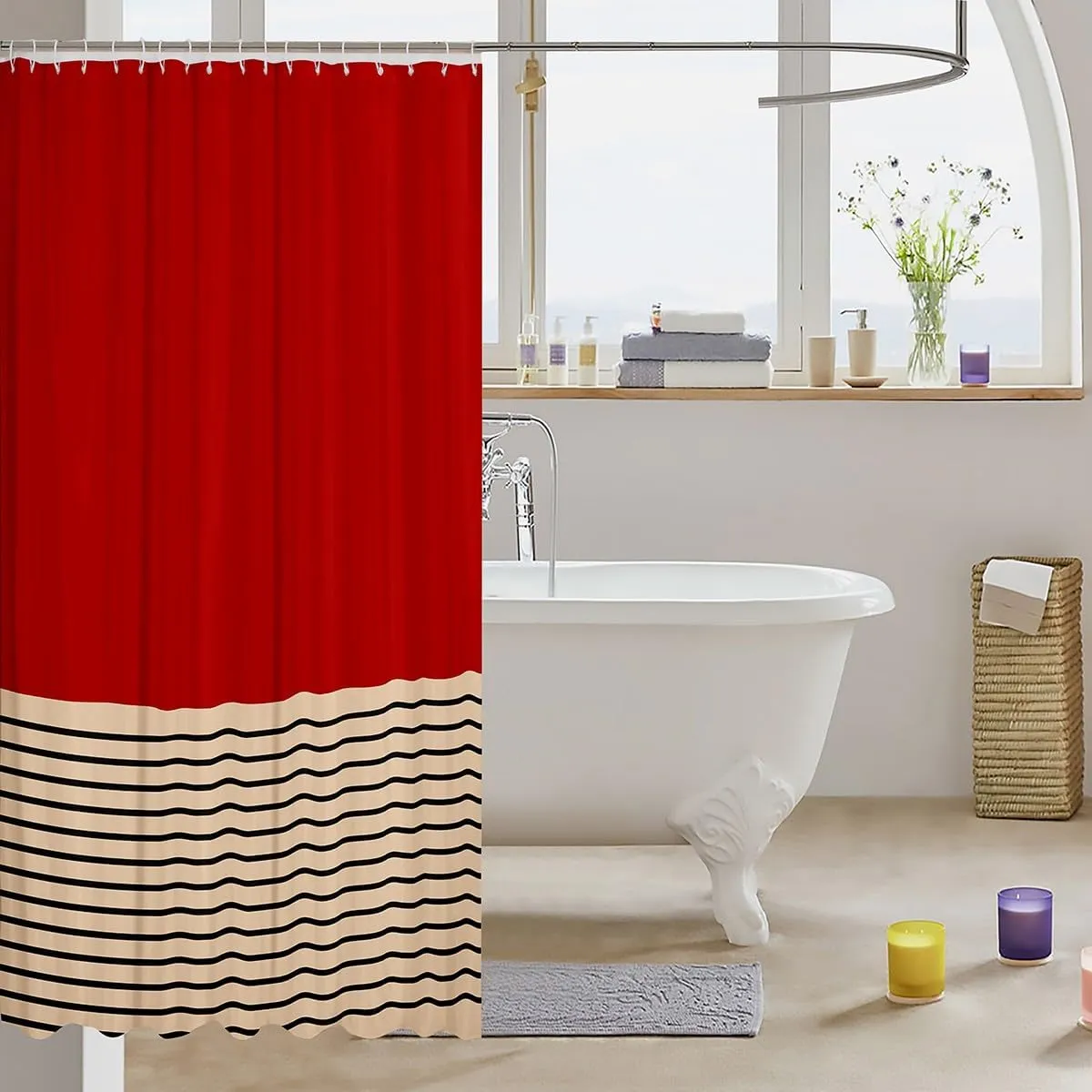 Erosebridal Geometric Simple Striped Shower Curtain, Red Beige Waterproof Bathroom Curtains, Geometry Contemporary Minimalist Bath Curtain, Modern Fashion Bathroom Accessories, 72" W x 84" L
