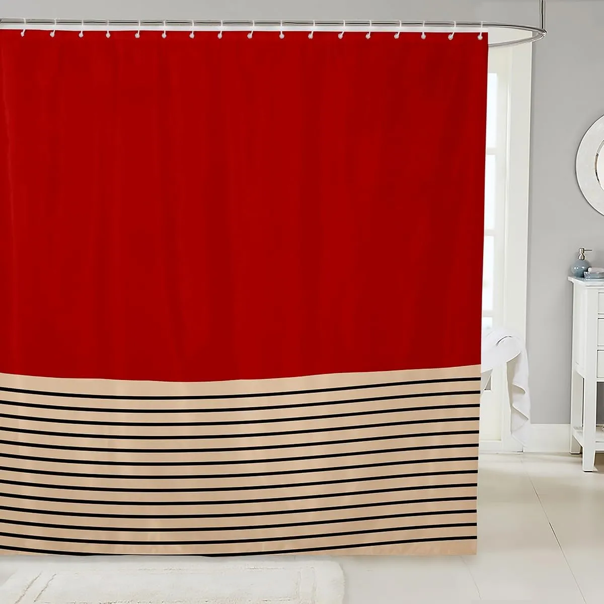 Erosebridal Geometric Simple Striped Shower Curtain, Red Beige Waterproof Bathroom Curtains, Geometry Contemporary Minimalist Bath Curtain, Modern Fashion Bathroom Accessories, 72" W x 84" L