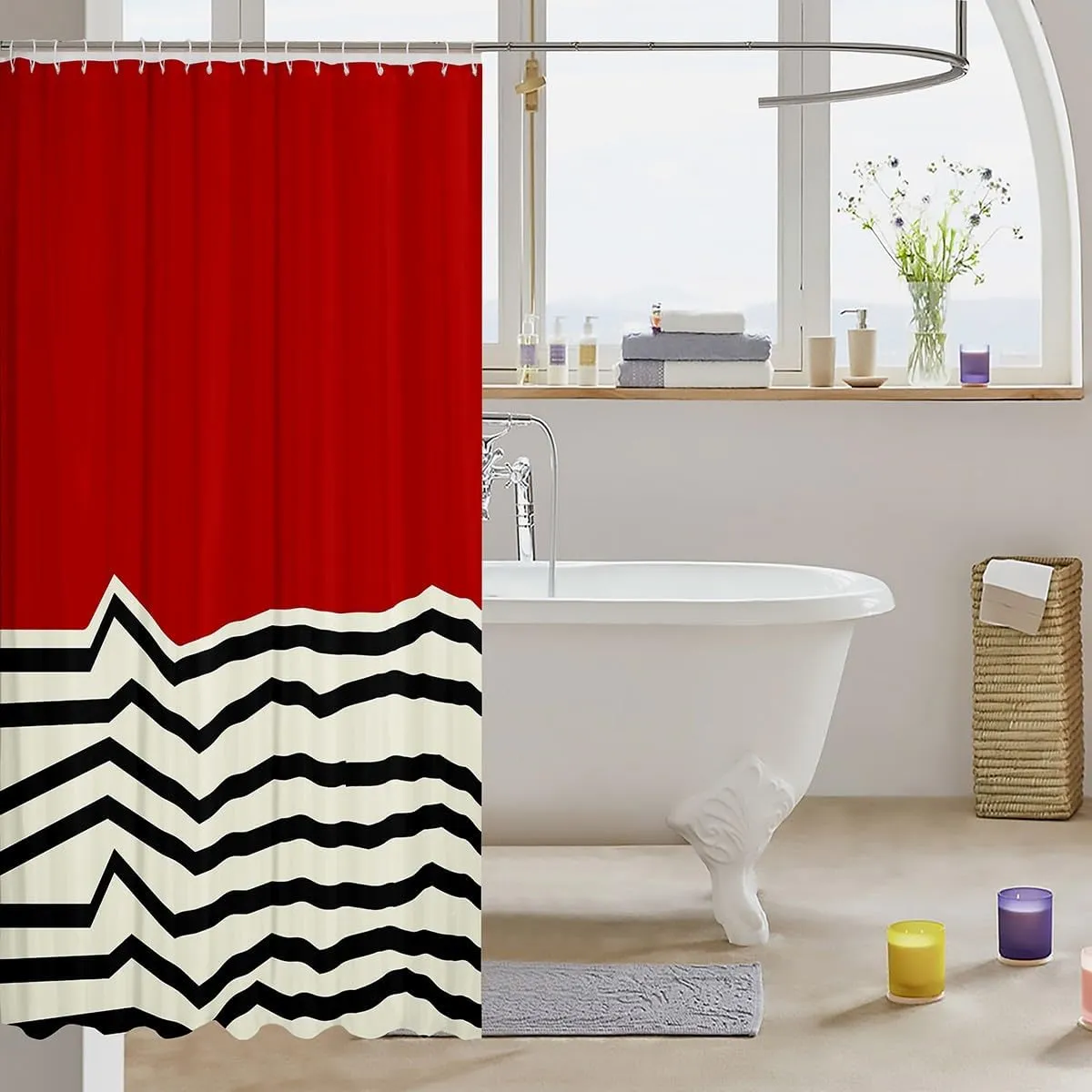 Erosebridal Red Beige Shower Curtain, Geometric Contemporary Minimalist Waterproof Bathroom Curtains, Modern Abstract Zigzag Lines Bath Curtain, Boho Black Striped Bathroom Accessories, 72" W x 84" L
