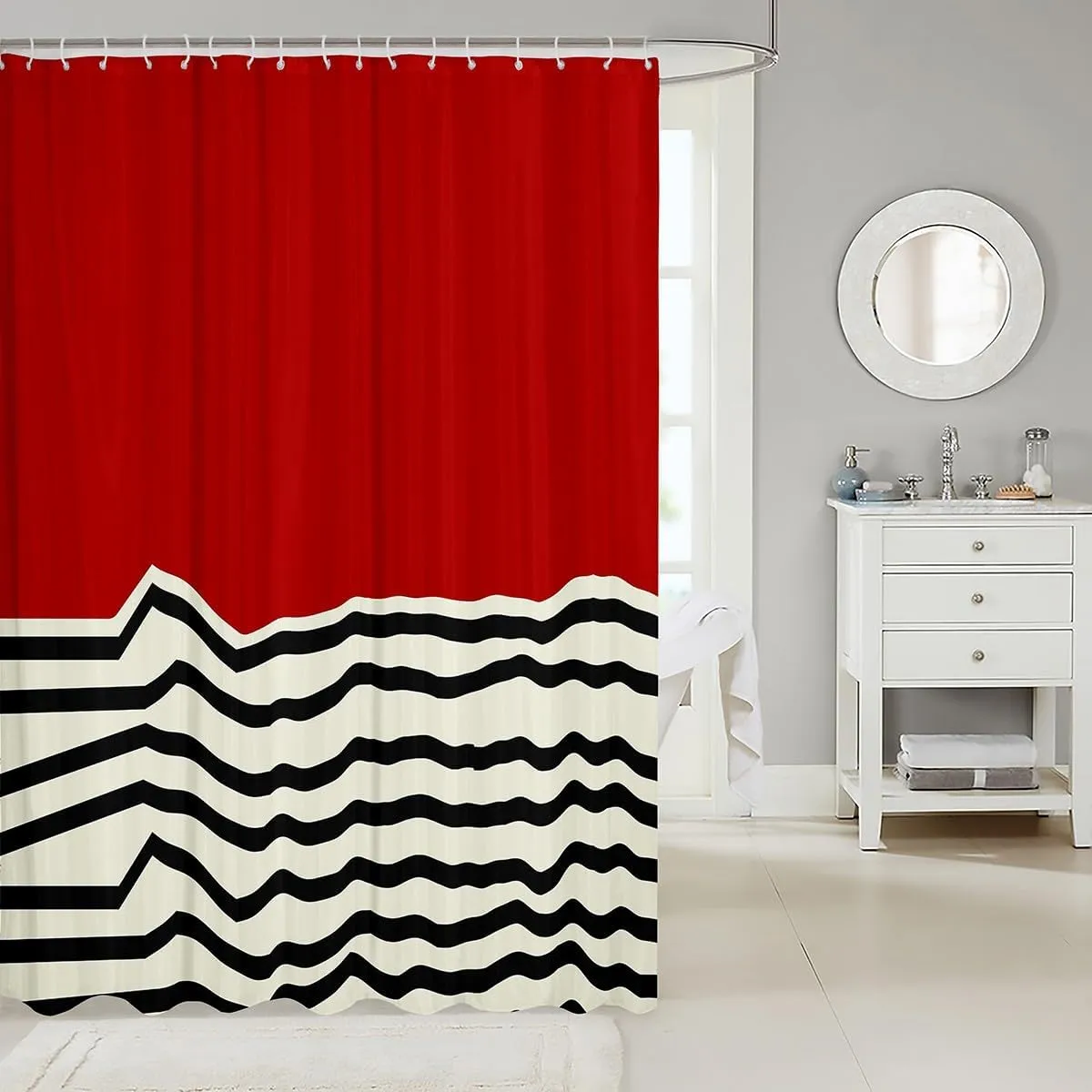 Erosebridal Red Beige Shower Curtain, Geometric Contemporary Minimalist Waterproof Bathroom Curtains, Modern Abstract Zigzag Lines Bath Curtain, Boho Black Striped Bathroom Accessories, 72" W x 84" L