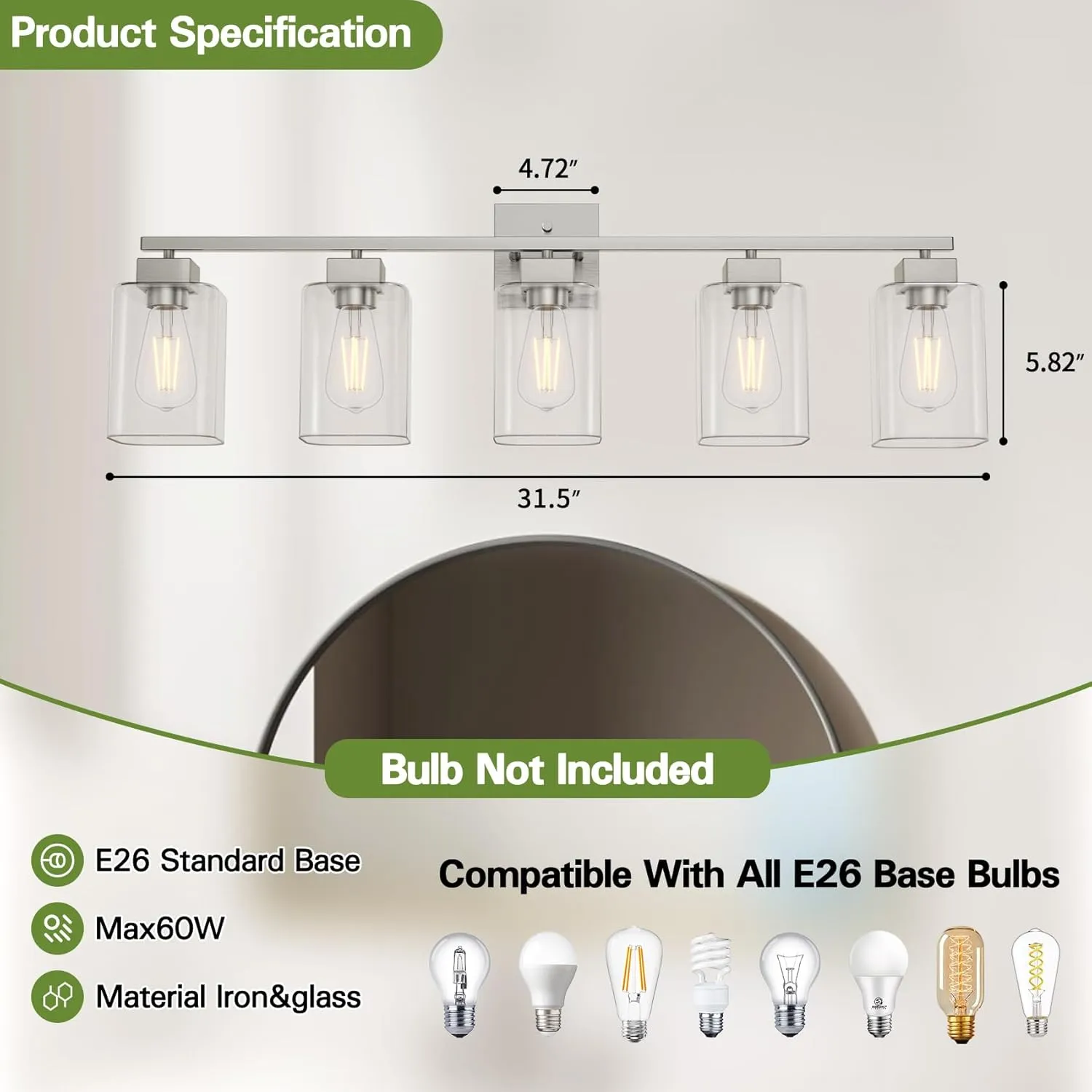 Espird 5 Light Bathroom Vanity Light - Brush Nickel Fixtures, Square Design, UL Certified, 31 Inch Long Silver Over Mirror for Bedroom & Restroom