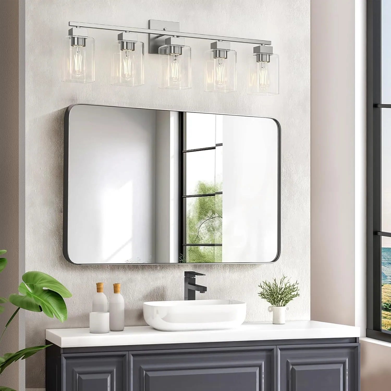 Espird 5 Light Bathroom Vanity Light - Brush Nickel Fixtures, Square Design, UL Certified, 31 Inch Long Silver Over Mirror for Bedroom & Restroom