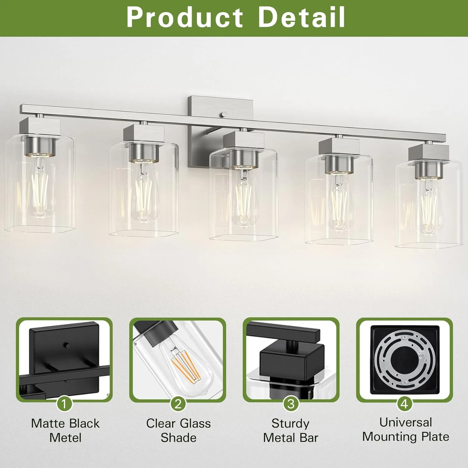 Espird 5 Light Bathroom Vanity Light - Brush Nickel Fixtures, Square Design, UL Certified, 31 Inch Long Silver Over Mirror for Bedroom & Restroom