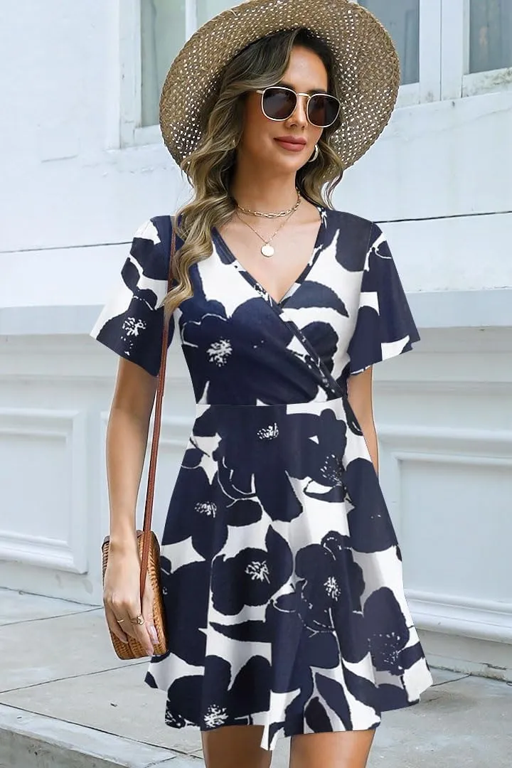 ETCYY NEW Womens Summer Dresses Slant Open V Neck Floral Printed Sundresses Flowy Dress Short Sleeve