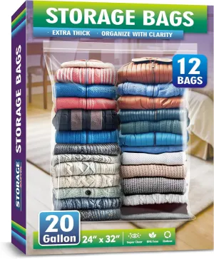 Extra Large 20 Gallon Zippered Plastic Bags for Storage- 24'' x 32'', Ideal for Clothes Clothing, Travel, Moving, 3-mil Extra Thick Clear Plastic, 12 pack