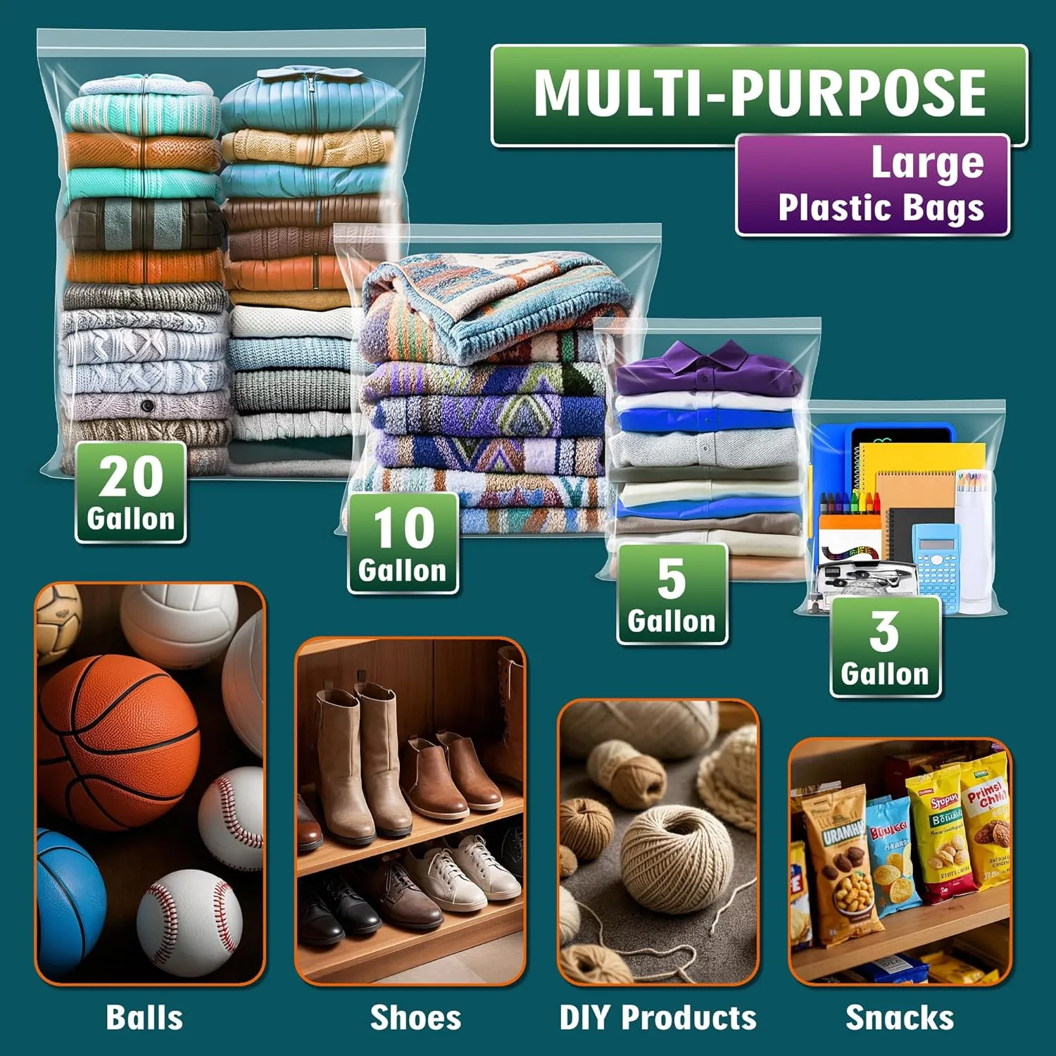 Extra Large 20 Gallon Zippered Plastic Bags for Storage- 24'' x 32'', Ideal for Clothes Clothing, Travel, Moving, 3-mil Extra Thick Clear Plastic, 12 pack