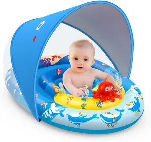 EZIGO Baby Pool Float with Canopy UPF50  Sun Protection, Inflatable Kids Pool Floats with Ocean Animal Toys for Baby 6-36 Months, Infant Swimming Float with Adjustable Safety Seat for Boys Girls