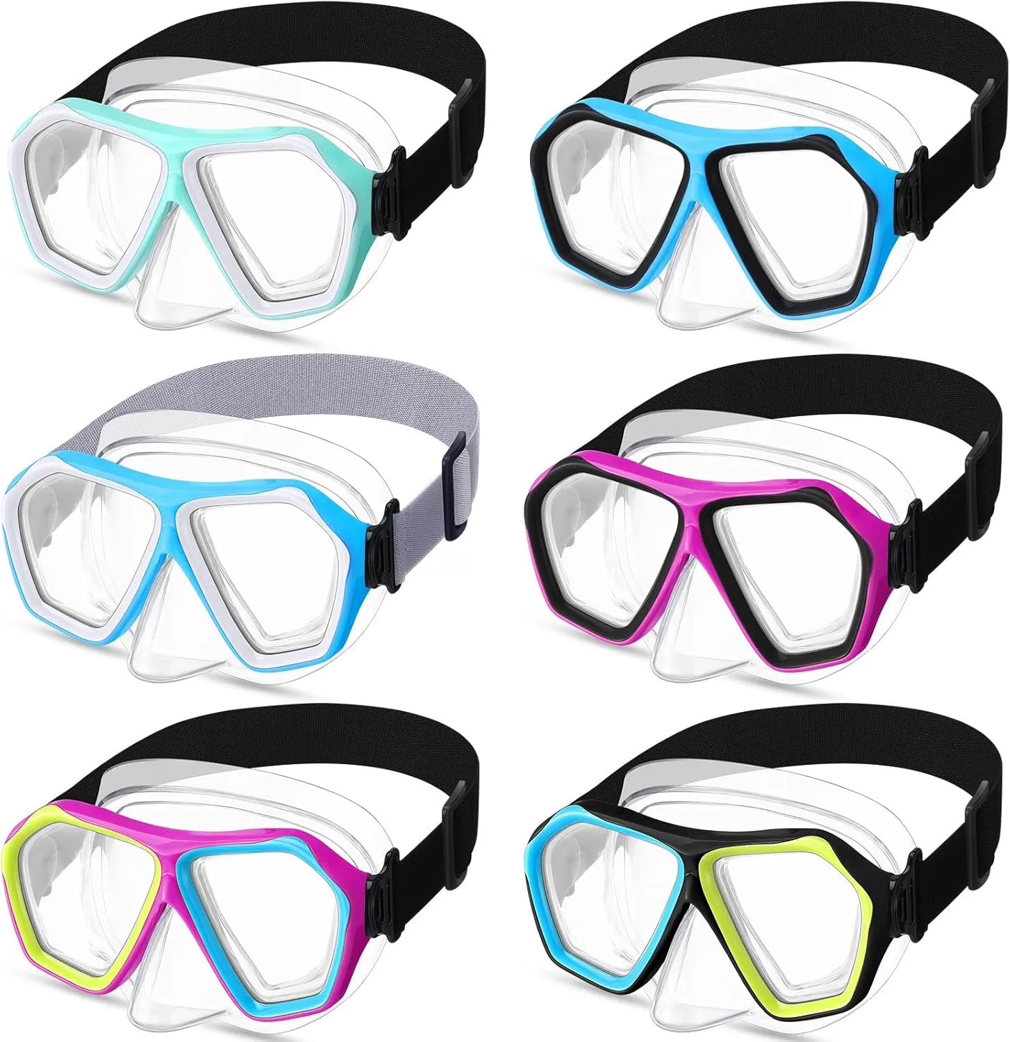 Fabbay 6 Pcs Adult Youth Swim Goggles with Nose Cover Elastic Strap Anti Fog Waterproof Snorkel Wide View Diving Swim Mask