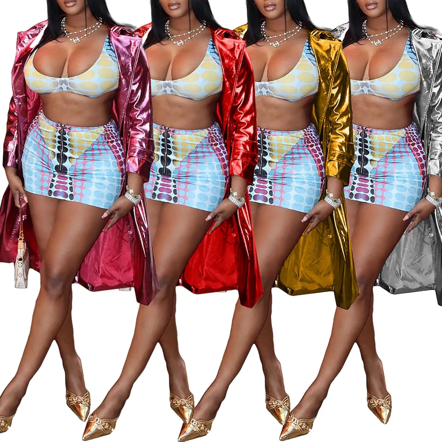 Famnbro Women's Trench Coats Lapels Open Front Belted Silver Metallic Jacket Sparky Outerwear