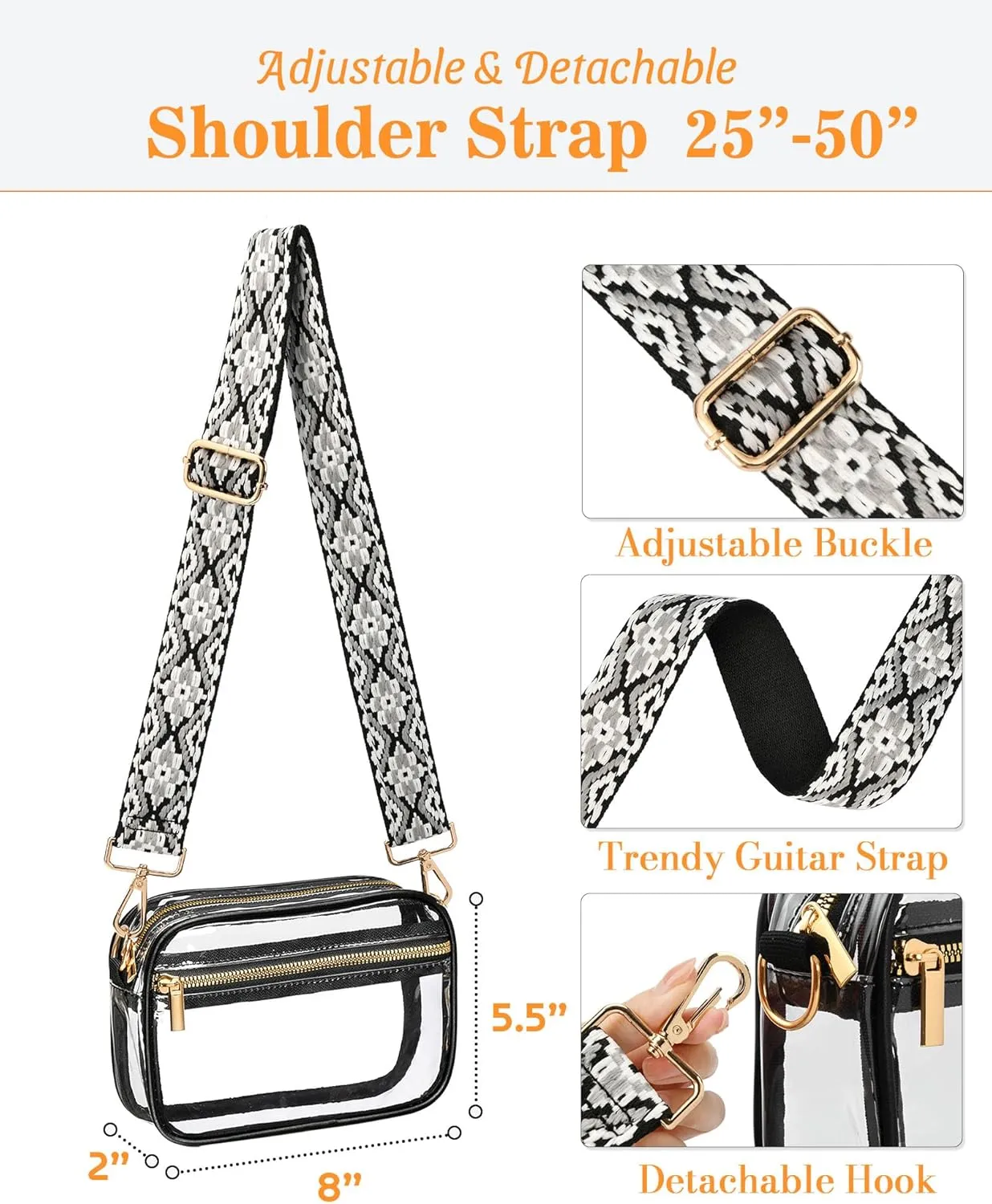 FANGSUN Clear Crossbody Bag Stadium Approved, Clear Purse for Women, Transparent Shoulder Messenger Handbag for Concert Sport