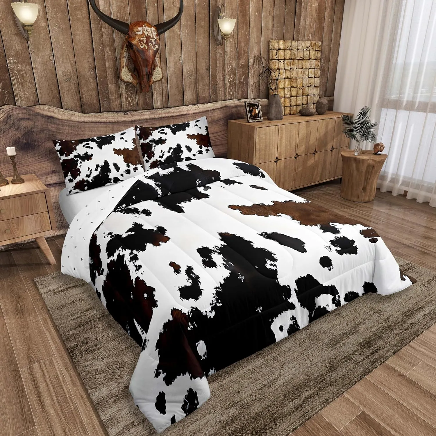 Feelyou Black Cow Fur Printed Comforter Set for Kids Boys Girls Western Cowboy Comforter Cowhide Pattern Bedding Set Queen Size Bedroom Decor Farm Animal Skin Duvet Set Quilt Set 3Pcs