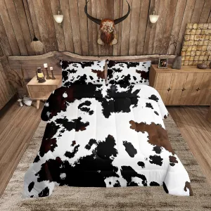 Feelyou Black Cow Fur Printed Comforter Set for Kids Boys Girls Western Cowboy Comforter Cowhide Pattern Bedding Set Queen Size Bedroom Decor Farm Animal Skin Duvet Set Quilt Set 3Pcs
