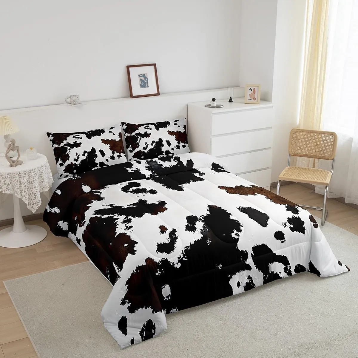 Feelyou Black Cow Fur Printed Comforter Set for Kids Boys Girls Western Cowboy Comforter Cowhide Pattern Bedding Set Queen Size Bedroom Decor Farm Animal Skin Duvet Set Quilt Set 3Pcs