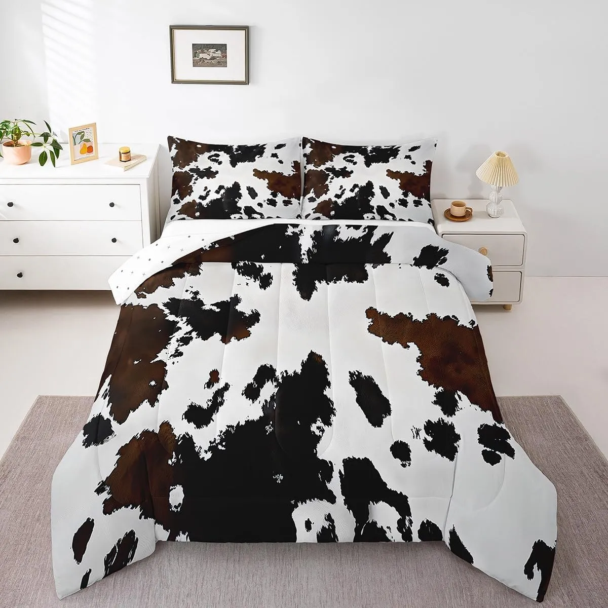 Feelyou Black Cow Fur Printed Comforter Set for Kids Boys Girls Western Cowboy Comforter Cowhide Pattern Bedding Set Queen Size Bedroom Decor Farm Animal Skin Duvet Set Quilt Set 3Pcs