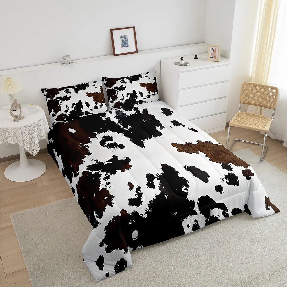 Feelyou Black Cow Fur Printed Comforter Set for Kids Boys Girls Western Cowboy Comforter Cowhide Pattern Bedding Set Queen Size Bedroom Decor Farm Animal Skin Duvet Set Quilt Set 3Pcs