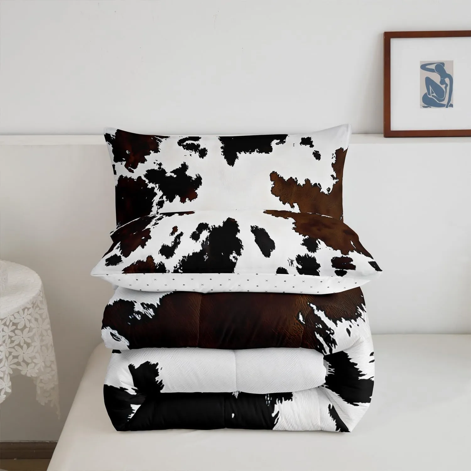 Feelyou Black Cow Fur Printed Comforter Set for Kids Boys Girls Western Cowboy Comforter Cowhide Pattern Bedding Set Queen Size Bedroom Decor Farm Animal Skin Duvet Set Quilt Set 3Pcs