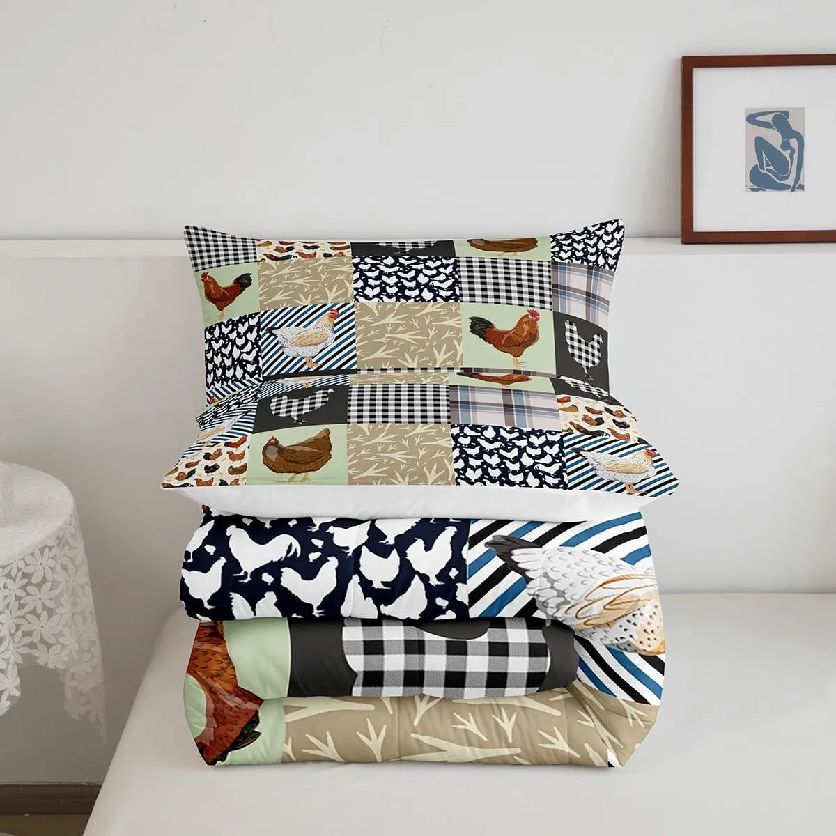 Feelyou Chicken Bedding Set Queen Size Rooster Hen Print Comforter Set for Kids Boys Girls Decor Cute Blue Grey Green Comforter Geometry Duvet Set Bedroom Quilt Set