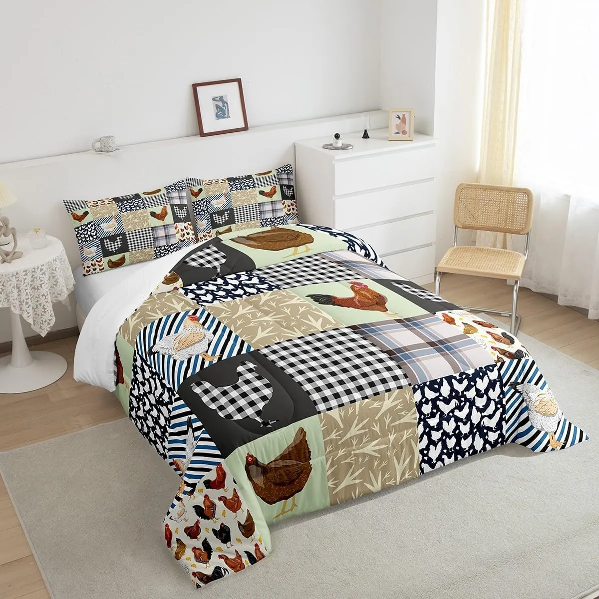 Feelyou Chicken Bedding Set Queen Size Rooster Hen Print Comforter Set for Kids Boys Girls Decor Cute Blue Grey Green Comforter Geometry Duvet Set Bedroom Quilt Set