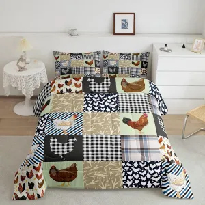 Feelyou Chicken Bedding Set Queen Size Rooster Hen Print Comforter Set for Kids Boys Girls Decor Cute Blue Grey Green Comforter Geometry Duvet Set Bedroom Quilt Set