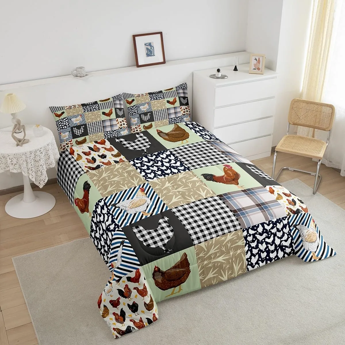 Feelyou Chicken Bedding Set Queen Size Rooster Hen Print Comforter Set for Kids Boys Girls Decor Cute Blue Grey Green Comforter Geometry Duvet Set Bedroom Quilt Set
