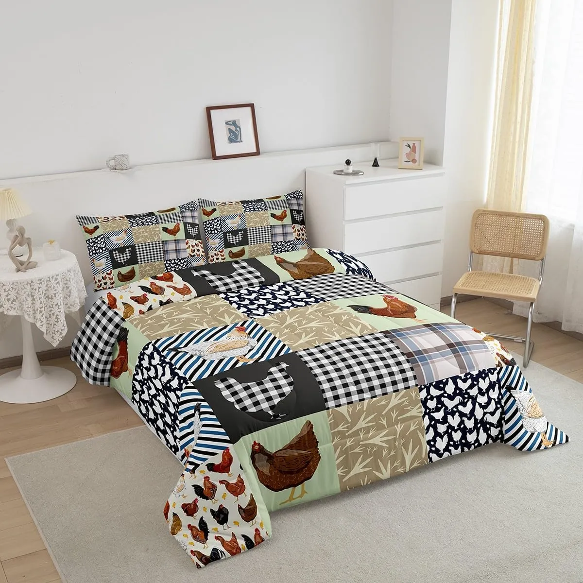 Feelyou Chicken Bedding Set Queen Size Rooster Hen Print Comforter Set for Kids Boys Girls Decor Cute Blue Grey Green Comforter Geometry Duvet Set Bedroom Quilt Set