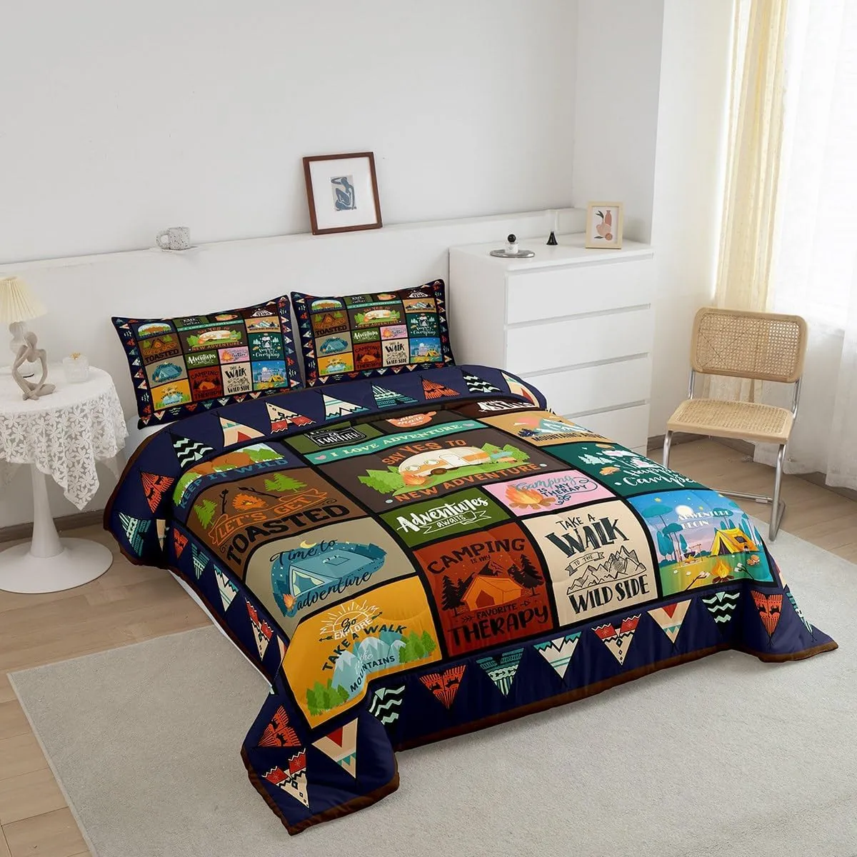 Feelyou Happy Camping Comforter Set Full Size Kids Camper Comforter for Boys Teens Cartoon Camping Car Bedding Set Breathable Farmhouse Trailers Camper Duvet Set Room Decor Quilt Set