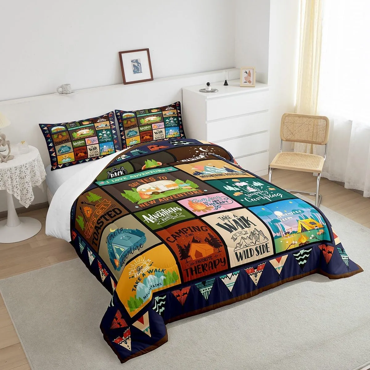 Feelyou Happy Camping Comforter Set Full Size Kids Camper Comforter for Boys Teens Cartoon Camping Car Bedding Set Breathable Farmhouse Trailers Camper Duvet Set Room Decor Quilt Set