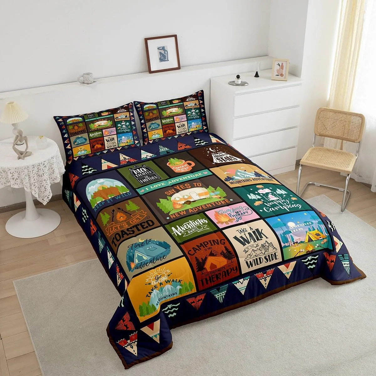 Feelyou Happy Camping Comforter Set Full Size Kids Camper Comforter for Boys Teens Cartoon Camping Car Bedding Set Breathable Farmhouse Trailers Camper Duvet Set Room Decor Quilt Set