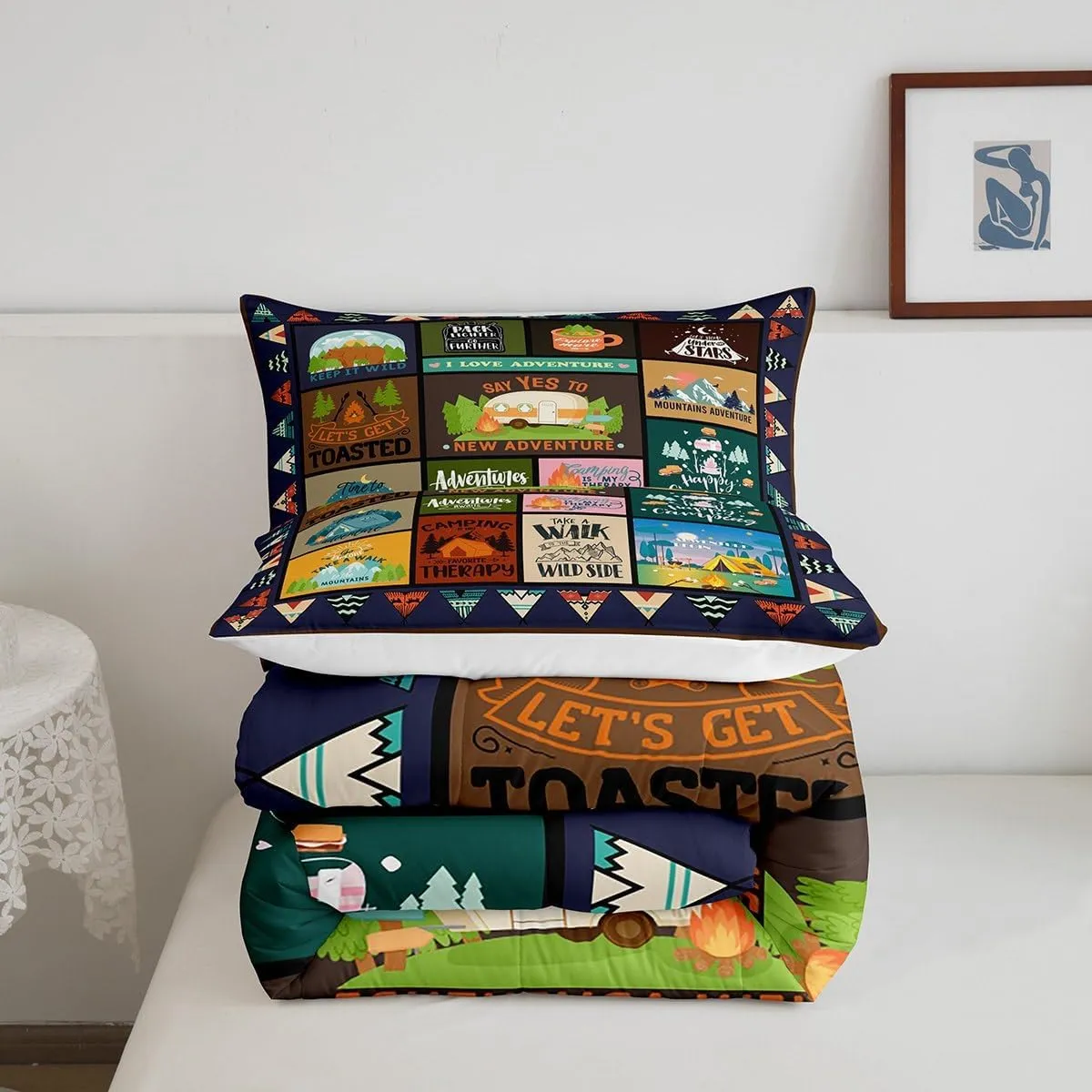 Feelyou Happy Camping Comforter Set Full Size Kids Camper Comforter for Boys Teens Cartoon Camping Car Bedding Set Breathable Farmhouse Trailers Camper Duvet Set Room Decor Quilt Set
