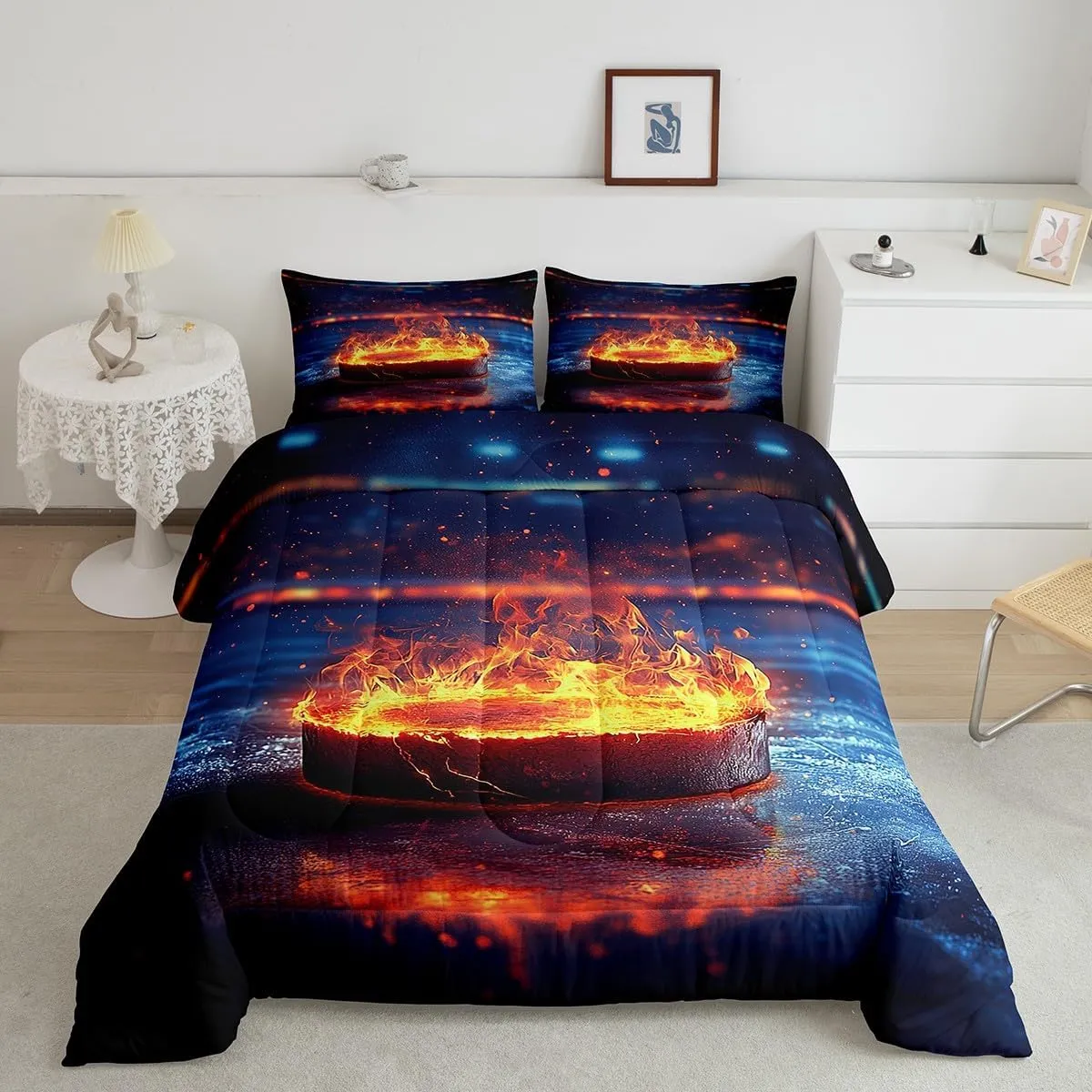 Feelyou Ice Hockey Bedding Set Queen Size Ice Sports Games Comforter Set for Kids Teens Adults Hockey Player Duvet Quilt Puck Hockey Room Decor 3Pcs with 2 Pillow Case All Season Soft