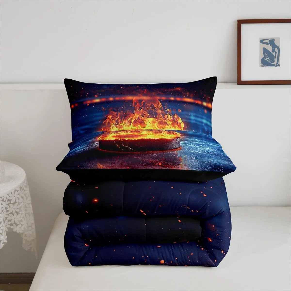 Feelyou Ice Hockey Bedding Set Queen Size Ice Sports Games Comforter Set for Kids Teens Adults Hockey Player Duvet Quilt Puck Hockey Room Decor 3Pcs with 2 Pillow Case All Season Soft