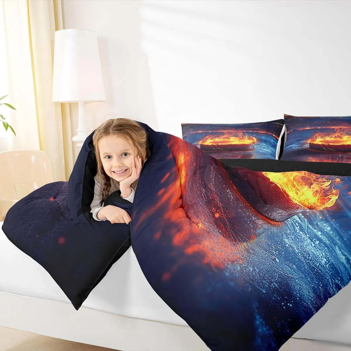 Feelyou Ice Hockey Bedding Set Queen Size Ice Sports Games Comforter Set for Kids Teens Adults Hockey Player Duvet Quilt Puck Hockey Room Decor 3Pcs with 2 Pillow Case All Season Soft