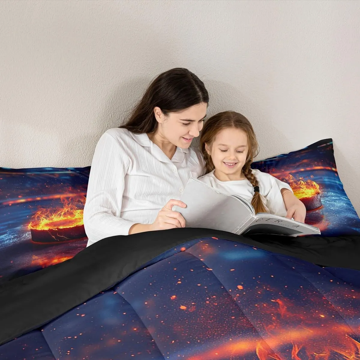 Feelyou Ice Hockey Bedding Set Queen Size Ice Sports Games Comforter Set for Kids Teens Adults Hockey Player Duvet Quilt Puck Hockey Room Decor 3Pcs with 2 Pillow Case All Season Soft