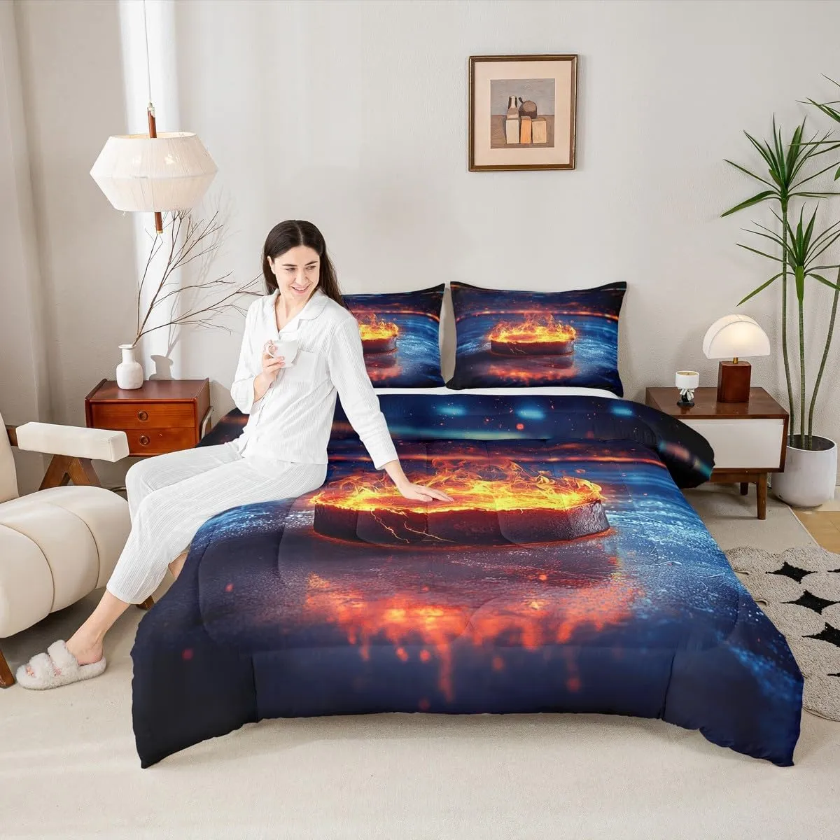 Feelyou Ice Hockey Bedding Set Queen Size Ice Sports Games Comforter Set for Kids Teens Adults Hockey Player Duvet Quilt Puck Hockey Room Decor 3Pcs with 2 Pillow Case All Season Soft
