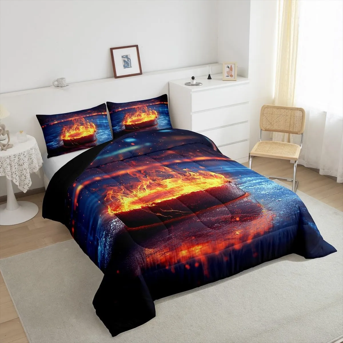 Feelyou Ice Hockey Bedding Set Queen Size Ice Sports Games Comforter Set for Kids Teens Adults Hockey Player Duvet Quilt Puck Hockey Room Decor 3Pcs with 2 Pillow Case All Season Soft