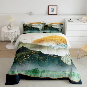 Feelyou Japanese Ukiyoe Bedding Set Hokusai Pattern Comforter Set for Kids Boys Girls Watercolor Sun Mountain Comforter Exotic Style Decor Quilt Set Bedroom Collection 3Pcs Queen Size