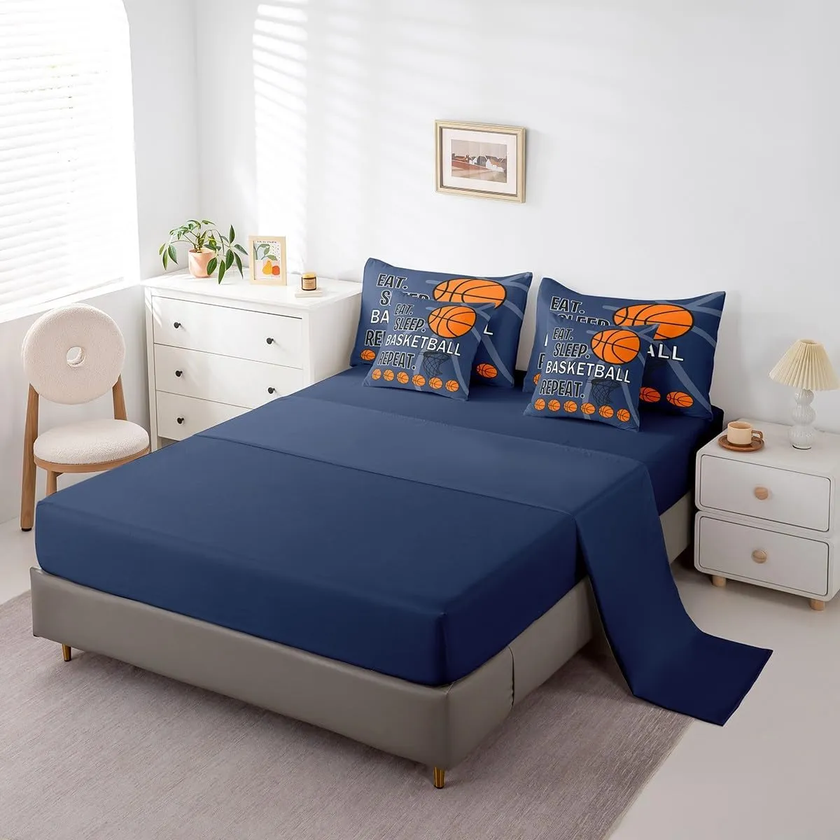 Feelyou Kids Basketball Printed Comforter Set with Sheets Full Size Blue Eat Sleep Basketball Decorative Bedding Set for Boys Teens Sports Theme Bed in a Bag Ball Gamer Bed Set