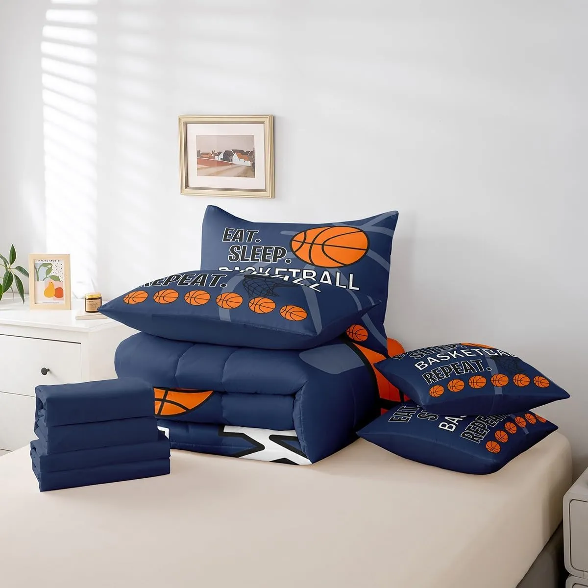 Feelyou Kids Basketball Printed Comforter Set with Sheets Full Size Blue Eat Sleep Basketball Decorative Bedding Set for Boys Teens Sports Theme Bed in a Bag Ball Gamer Bed Set