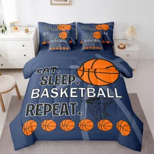 Feelyou Kids Basketball Printed Comforter Set with Sheets Full Size Blue Eat Sleep Basketball Decorative Bedding Set for Boys Teens Sports Theme Bed in a Bag Ball Gamer Bed Set