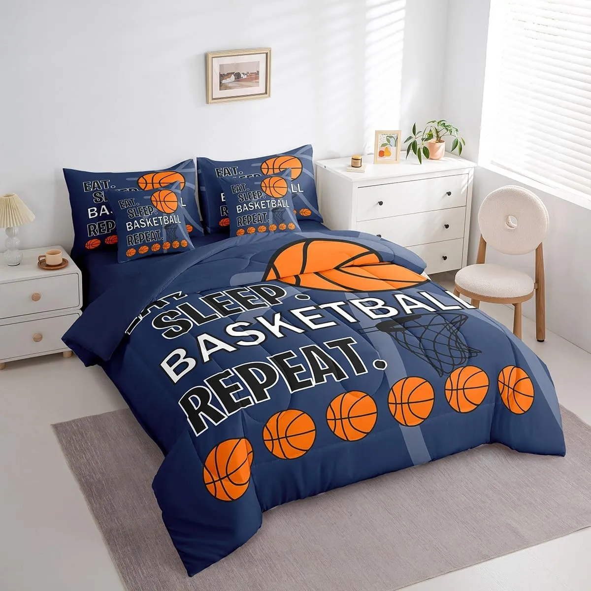 Feelyou Kids Basketball Printed Comforter Set with Sheets Full Size Blue Eat Sleep Basketball Decorative Bedding Set for Boys Teens Sports Theme Bed in a Bag Ball Gamer Bed Set