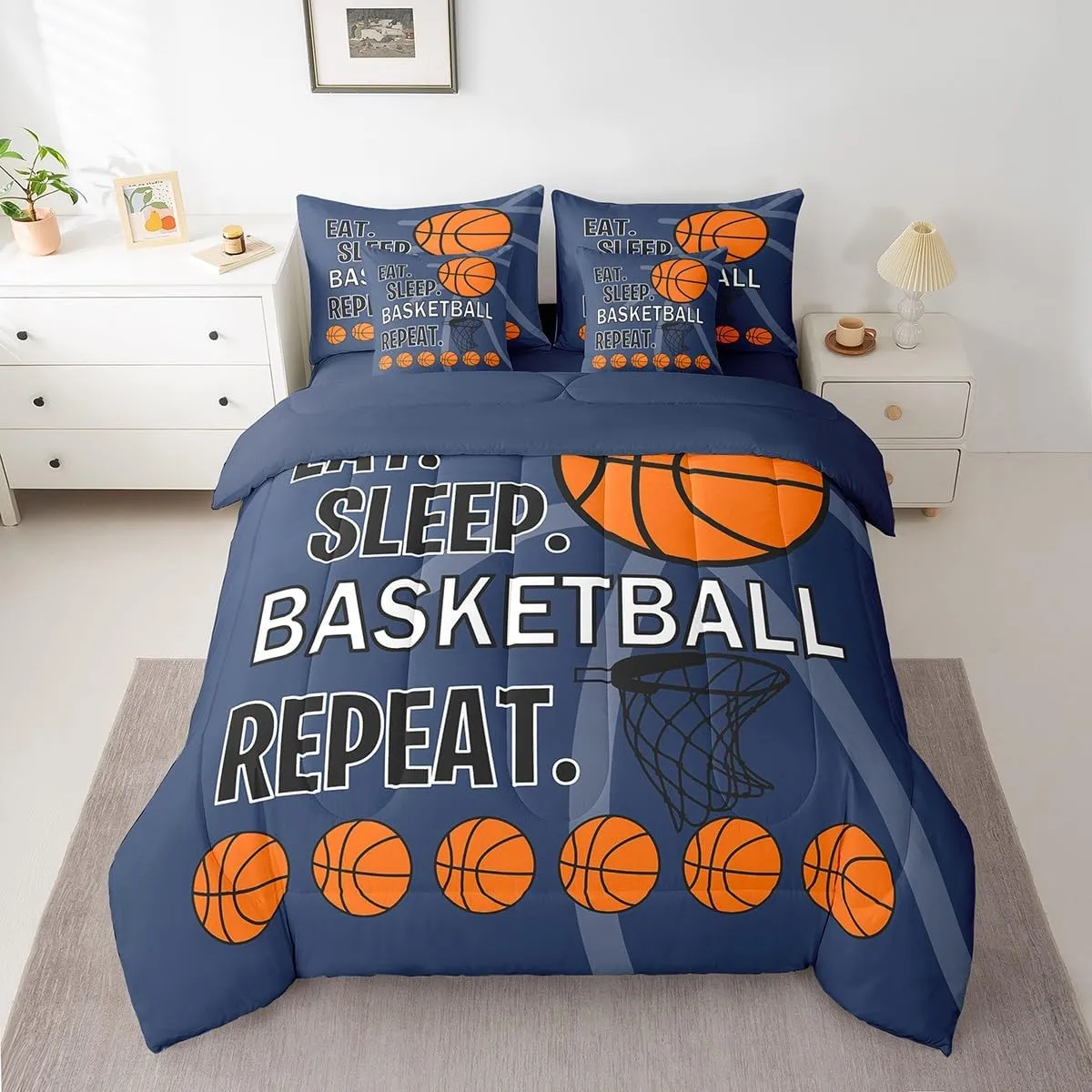 Feelyou Kids Basketball Printed Comforter Set with Sheets Full Size Blue Eat Sleep Basketball Decorative Bedding Set for Boys Teens Sports Theme Bed in a Bag Ball Gamer Bed Set