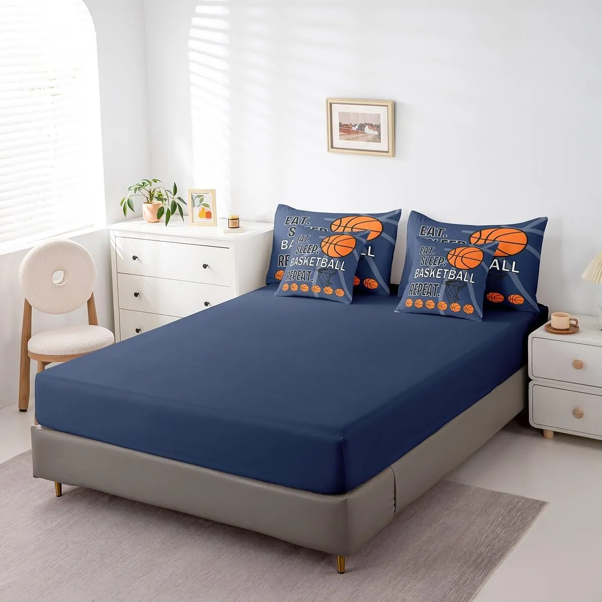 Feelyou Kids Basketball Printed Comforter Set with Sheets Full Size Blue Eat Sleep Basketball Decorative Bedding Set for Boys Teens Sports Theme Bed in a Bag Ball Gamer Bed Set