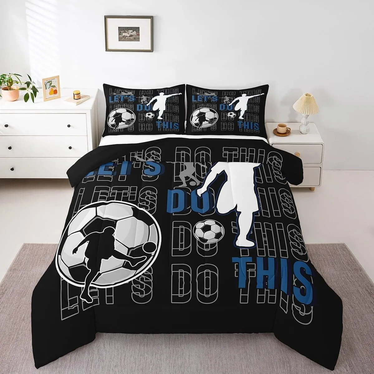 Feelyou Kids Boys Football Bedding Set Twin Size Gaming Sports Comforter Set for Teens Football Player Duvet Set Black Blue White Quilt Set 2Pcs