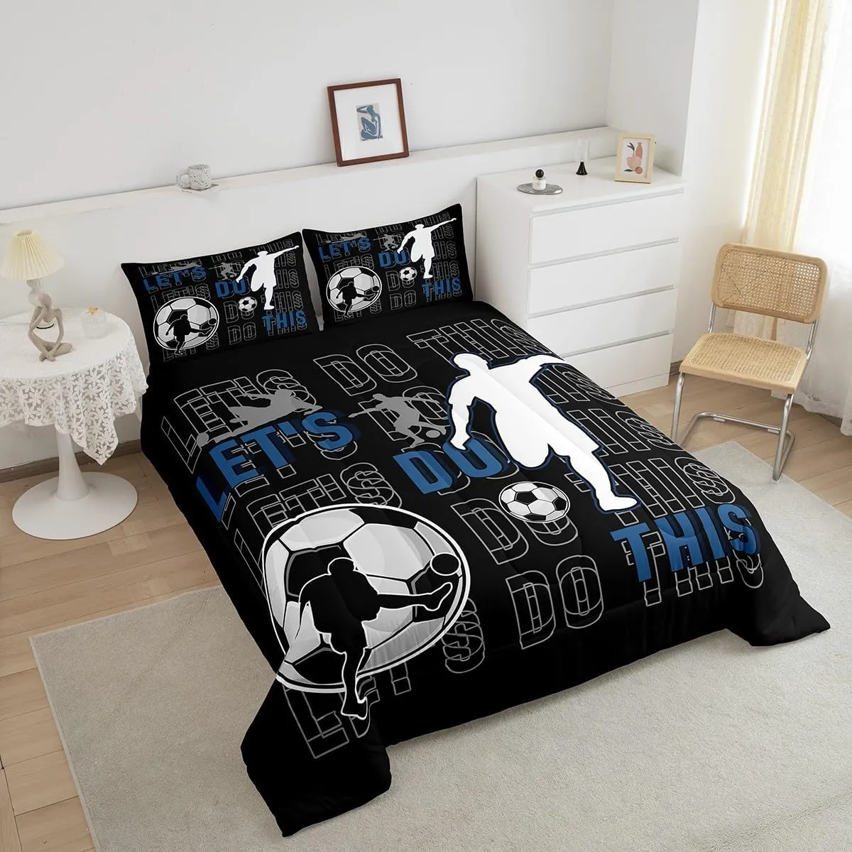 Feelyou Kids Boys Football Bedding Set Twin Size Gaming Sports Comforter Set for Teens Football Player Duvet Set Black Blue White Quilt Set 2Pcs
