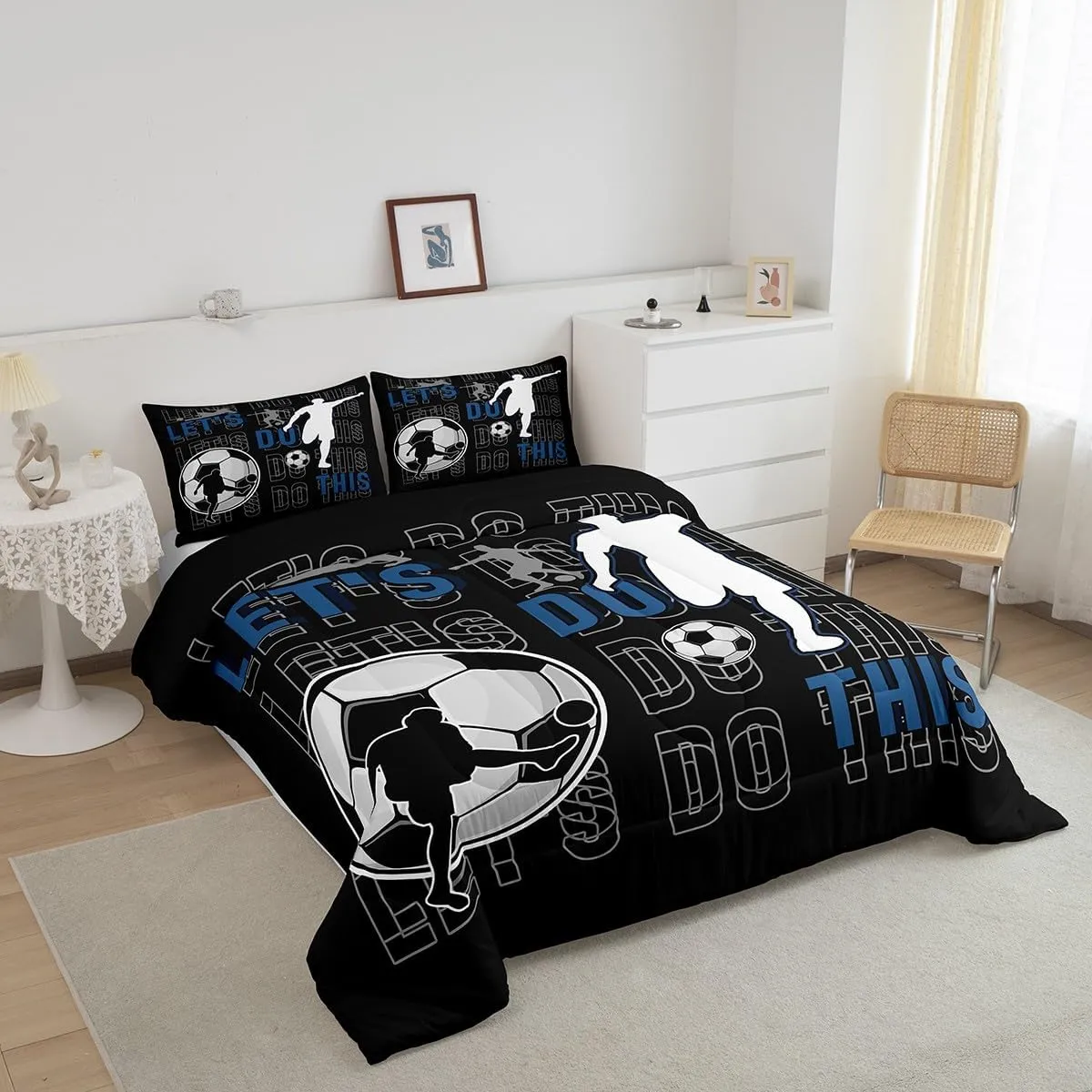 Feelyou Kids Boys Football Bedding Set Twin Size Gaming Sports Comforter Set for Teens Football Player Duvet Set Black Blue White Quilt Set 2Pcs
