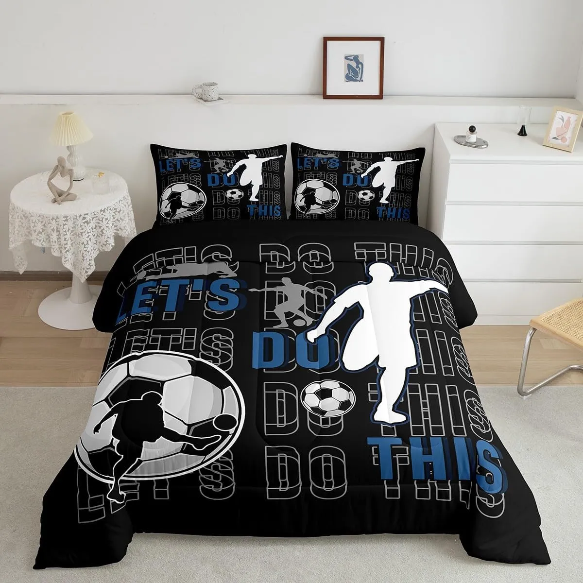 Feelyou Kids Boys Football Bedding Set Twin Size Gaming Sports Comforter Set for Teens Football Player Duvet Set Black Blue White Quilt Set 2Pcs